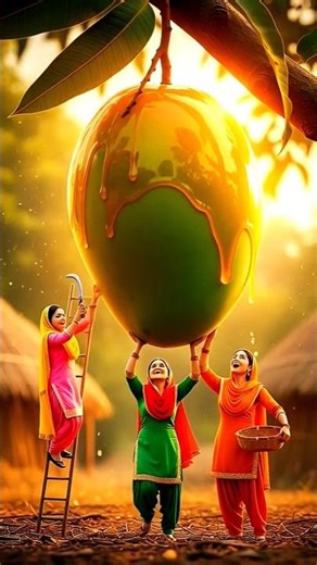 Miniature Mango fruit Juice | Tiny Punjabi Women Make Giant Fruit Juice | Hyper-Realistic Art 🥭 #ai