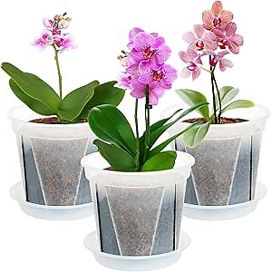Plant Pots 7 inch Set of 3, Clear Plastic Nursery Pots with Drainage Holes and Saucers, Flowers Planter Pots for Indoor Outdoor Plants