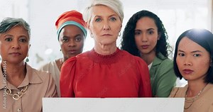 Protest poster, serious and women together for gender equality, women empowerment and justice support. Diverse group of woman, human rights banner and fight discrimination or future vision portrait