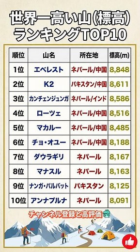 世界一高い山（標高）ランキングTOP10