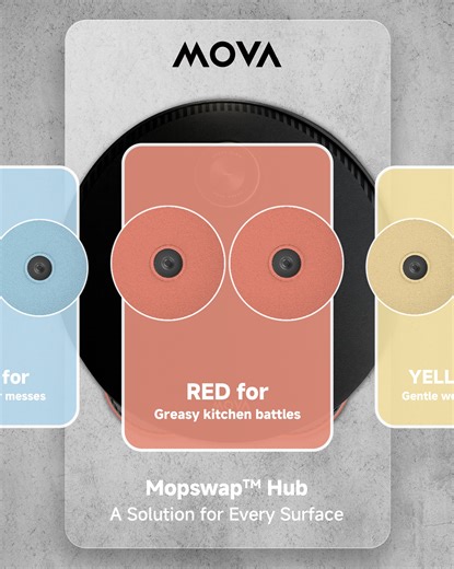 Meet the MOVA Color Triad of clean. 🎨✨ Three mops, three strengths, one seamless switch. 🔴 ThermoHold Mop — tackles tough kitchen grease. 🟡 Plush Mop — gentle care for your wooden floors. 🔵 HyperClean Mop — the all-rounder for everyday messes. With AI-Zoned Custom Cleaning, MOBIUS 60 swaps mops automatically, matching every space with the perfect touch. One home. One device. A trio of clean. #MOVA #MOVAtech #MOVAMOBIUS60 #MopSwapHub #RobotVacuum #SmartHome | MOVA