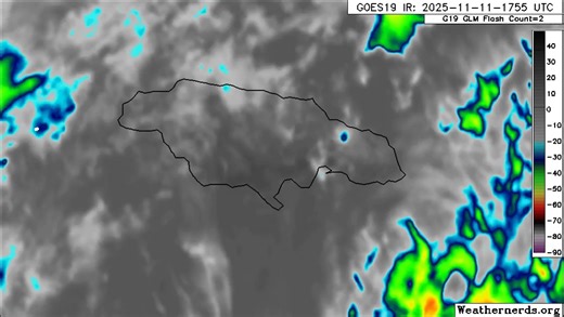Weather Jamaica on Instagram: "The infrared close-up satellite images of Jamaica show clouds bringing isolated thundershowers mainly to sections of some northern and western parishes on this late Tuesday afternoon, November 11, 2025 at 5:45 PM. How is the weather in your area?"