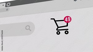 Close up shot animation of shopping cart icon on desktop or laptop screen with animated counting numbers add online commodity on shopping web page. 4k and HD made to look like it was filmed.