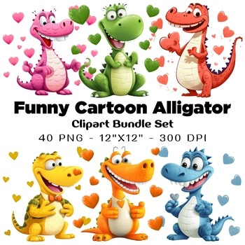Funny Cartoon Alligator Clipart Bundle | 40 PNG | Cute Valentine’s Gator