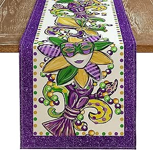 ARKENY Mardi Gras Table Runner 48x13 Inches Fleur De Lis Mask Beads Purple Carnival Table Decor, Burlap Farmhouse Indoor Outdoor Holiday Decoration for Home Party