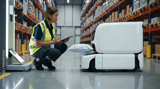 worker crouches with tablet beside robot in warehouse aisle. shelf and pallet stacked with inventory. vest and safety gear on worker. automation system handles inspection workflow. tablet maps route.