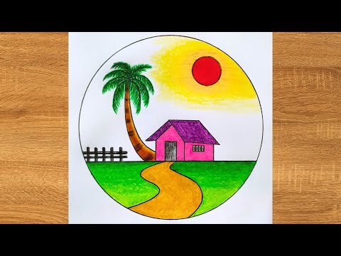 Very easy circle scenery drawing for class 4 | Colorful Parisara Chitra Drawing in Circle | ছবি আঁকা