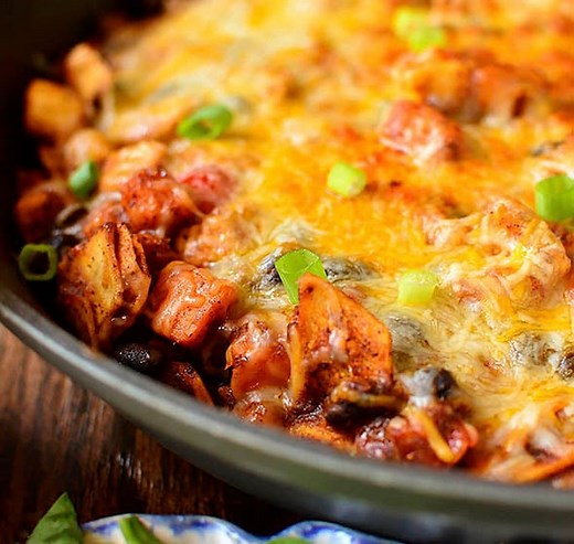 Black Bean and Sweet Potato Chicken Enchilada Skillet - Iowa Girl Eats