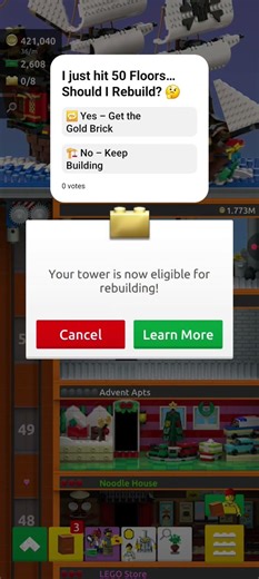LEGO Tower Level 50! Should You Rebuild or Keep Building? (Gold Brick Strategy)