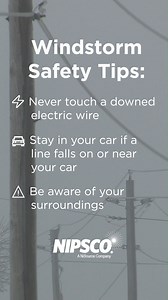 Northern Indiana is experiencing high wind gusts, which can cause galloping lines and potentially create dangerous situations and electric outages. Stay alert and follow these safety tips: ⚡Never touch a downed wire. Report downed wires by calling 911 and 1-800-464-7726 🚗 Stay in your car if a line falls on or near your vehicle, NIPSCO.com/ElectricLines ⚠ Be aware of your surroundings 📲 Sign up for alerts, NIPSCO.com/Alerts Report outages on NIPSCO app, or text the word “Out” to 444111, go onl