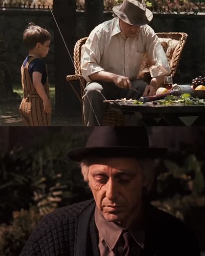 Cinema Of Mafia on Instagram: "In The Godfather trilogy, the deaths of Vito and Michael Corleone in old age, surrounded by a garden with oranges nearby, highlight a subtle yet powerful parallel. 🍊 Vito dies while playing with his grandson, surrounded by love and family, symbolizing legacy and renewal. In contrast, Michael dies alone, with no family or partner, just a few dogs nearby. Despite his violent past, Vito radiates warmth and is deeply connected to his family, while Michael became cold 