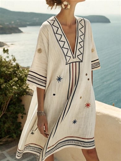 Women's Mini Dress Shift Dress Casual Outdoor Going out Loose Fit Floral Geometric Stripe Half Sleeve V Neck Blue White Dark Red Red Summer Spring 2025