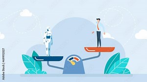 Balance scales human vs robot. Competition concept artificial intelligence digital technology. Robot standing on the scale and equal to businessman. Artificial intelligence robot. 2d flat animation