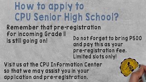 How to apply to CPU Senior High School? For more information, here is the brochure of the Senior High school: https://drive.google.com/file/d/0B4G-i-pKCdg8REx5b2RRbWhmTm8/view?usp=sharing | Central Philippine University - CPU