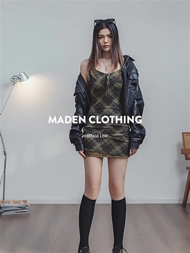 Maden Cute Digital Printing Green Plaid Casual V-Neck Waist-Cinching A-Line Mini Dress for Women