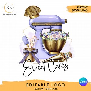 Editable Baking Business Logo Design, Cake Business Logo Bakery Business Logo, Standing Mixer Logo, Gold Logo, Watercolor Logo Cookie Logo - Etsy