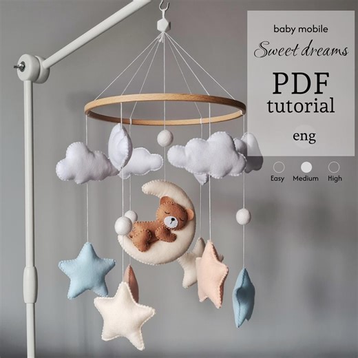 PDF Tutorial: Felt Baby Mobile Pattern, Sleeping Bear on Moon, Nursery Decor for Beginners, Sewing Craft Project, Crib Mobile DIY
