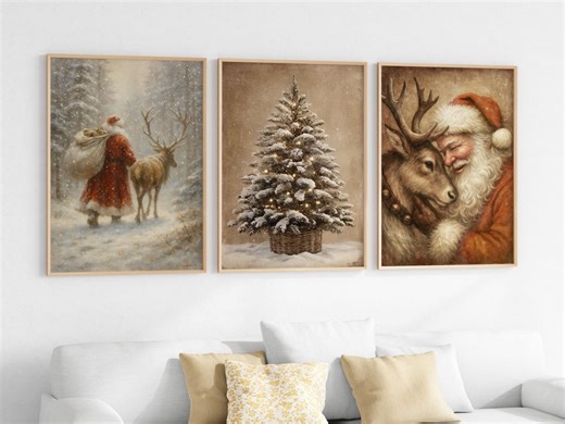 Vintage Christmas Triptych Wall Art | Santa & Reindeer Print Set | Digital Rustic Winter Holiday Decor - Etsy