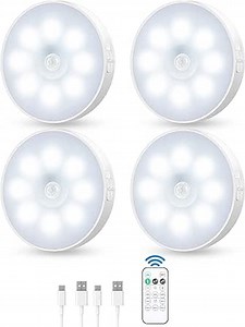 Motion Sensor Puck Light with Remote, Wireless Dimmable Under Cabinet Lights, Rechargeable Magnetic Closet Light, Stick on Night Light, 4-Pack