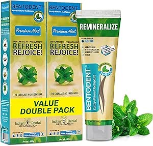 Bentodent Remineralizing Fluoride Free Toothpaste, Organic & Natural with Calcium Bentonite Clay, SLS Free, Whitening for Sensitive Teeth, Vegan (Premium Mint Combo)