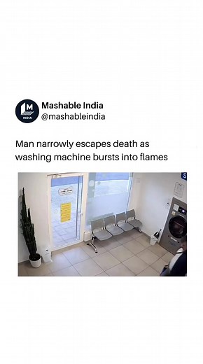12K views · 79 reactions | A man in Spain escaped a near-death experience as he left a laundry shop when a massive explosion rocked the building. The explosion took place in one of the washing machines which exploded and shook the entire building structure. The explosion took place just moments after the man exited the building. A delay of mere 2-3 seconds could have cost his life. #washingmachine #accident #explosion #fire | Mashable India | Facebook