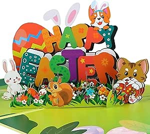 D4DREAM Happy Easter Pop Up Card - 6'' x 8'' 3D Easter Eggs Dog Squirrel Bunny Spring Card with Note and Envelope for Kids Daughter Son Friend Family