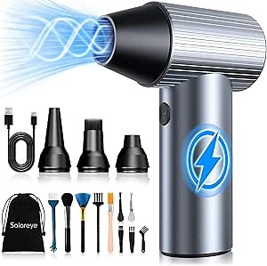 Solareye Electric Air Duster - 300000RPM Compressed Air Duster with Brushless Motor - Cordless Air Blower Rechargeable- 3 Gears Adjustable Jet Dry Blower for Cleaning Keyboard PC Car Home Outdoors