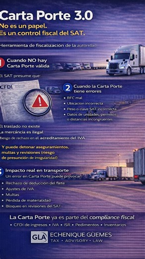 📌 Carta Porte 3.0 Ya no es un documento operativo. Hoy es un control fiscal del SAT. En el sector transporte, la Carta Porte se ha convertido en una herramienta directa de fiscalización, y cualquier error puede generar consecuencias fiscales relevantes. 🔍 ¿Qué revisa hoy la autoridad? 👉 Cuando no existe Carta Porte válida, el SAT puede presumir: • Que el traslado no existe • Que la mercancía es ilegal • Rechazo en la deducción del flete • Rechazo en el acreditamiento del IVA 👉 Cuando la Cart