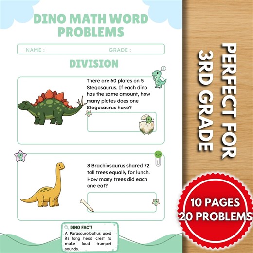 3rd Grade Division Word Problems Printable - Dinosaur Math Worksheets -intro to Division Practice - Homeschool Workbook -grade 3 Math Drills - Etsy Australia