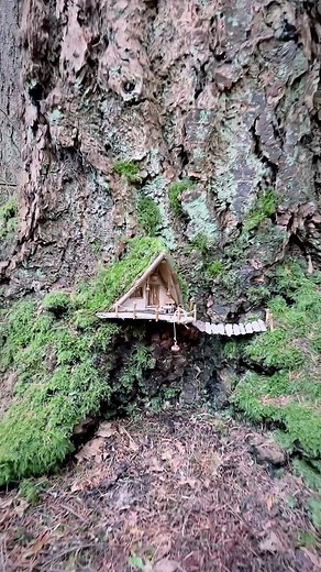 Maryinthefairyland on Instagram: "Short video of the fairy tree house in the woods - built with natural materials. DIY tutorial video on YouTube: https://youtu.be/axE6S48hatg #naturehome #gnomhome #fairyland #fairyhouse #feenhaus #diyfairyhouse #naturalfairyhouse #fairyhome #creatingfairyhouses #fairyhouses #treehouse #bushcraft #greenroof #suspensionbridge #hobbithouse #tinyhouse #tinyhome"