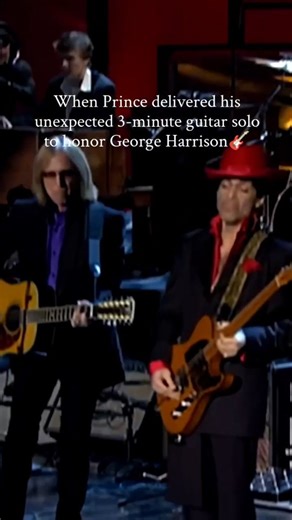 FacesOfRock1 on Instagram: "Prince’s iconic guitar solo for “While My Guitar Gently Weeps” took place during the 2004 Rock and Roll Hall of Fame induction ceremony, where he performed alongside artists like Tom Petty, Steve Winwood, Jeff Lynne, and Dhani Harrison (George Harrison’s son). The performance was a tribute to George Harrison, the late Beatles guitarist and songwriter. Prince joined the lineup to add his unique touch, and his solo, which lasted about three minutes, stole the show with 