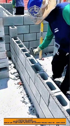 Hollow Concrete Block Wall Installation Process Using Cement Mortar in Building Construction