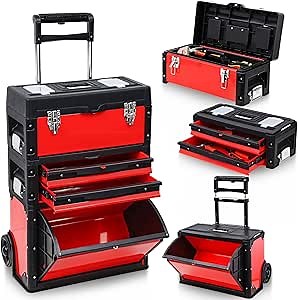 Stackable Rolling Tool Box Portable Metal Tool Chest with Wheels and Drawers 28.5 x 19 x 8.5 Inch Trolley Toolbox Organizer 3 Tier Red Upright Tool Bin for Garage or Workshop