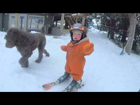 Baby Skiing - Toddler skiing video at home - 1 Year Old Baby Skis!