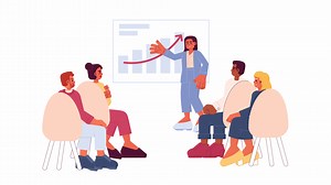 Conference business diverse cartoon animation. Female speaker talking to audience 4K video motion graphic. Seminar orator with lecture listeners 2D color animated characters isolated, white background