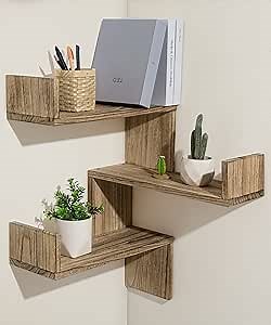 Maxpeuvon Corner Shelf Set of 3, Farmhouse Corner Wall Shelves Wood Floating Corner Shelves Wall Mount Storage Organizer for Living Room Bedroom Kitchen, Natural Wood