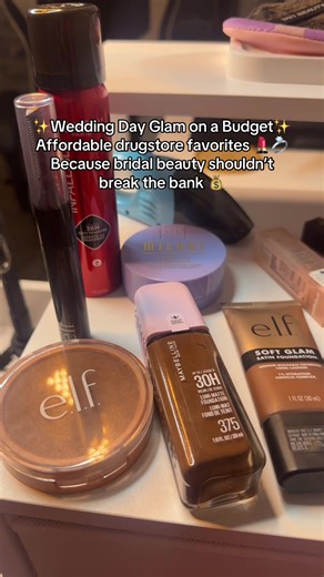 ✨Wedding Day Glam on a Budget✨ Affordable drugstore favorites 💄💍 Because bridal beauty shouldn’t break the bank 💰 #MakeupOnABudget #DrugstoreDupes #BridalMakeup #BeautyTok #WeddingIdeas @Milani Cosmetics conceal and perfect primer @elfcosmetics Brow laminating gel Elfcosmetics satin Foundation @Maybelline NY Super stay foundation Elfcosmetics Halo glow powder Milani cream blush Milani baked powder blush Maybelline lifter glaze lip balm @Morphe Cosmetics lip liner @Juvia’s Place bronzer duo @e
