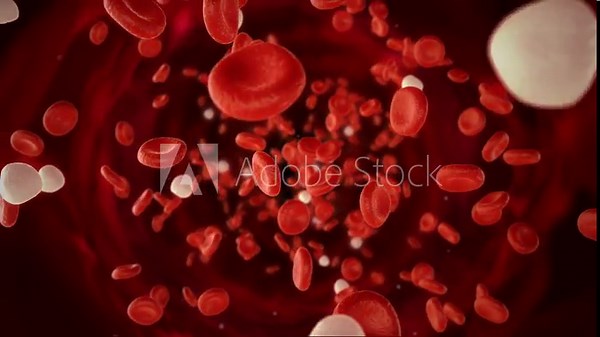 3D animation video of red blood cells and white blood cells moving inside a blood vessel, representing human circulatory system, healthcare, and medical science.