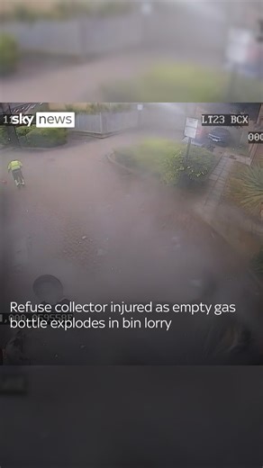 A refuse collector in east London was injured after an empty gas bottle exploded inside the waste truck, blowing a hole through the container. Newham Council is urging residents to dispose of hazardous waste properly after the worker had to be rushed to hospital following the explosion. | Sky News