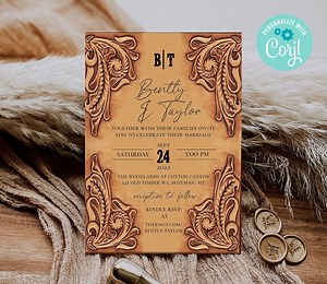 Rustic Wedding Invitation - Template - Western - Country - Bridal Shower - Tooled Leather - Etsy