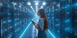 Successful Female Data Center IT Specialist Using Tablet Computer, Turning Augmented VFX Visualization on Server Farm Cloud Computing Facility