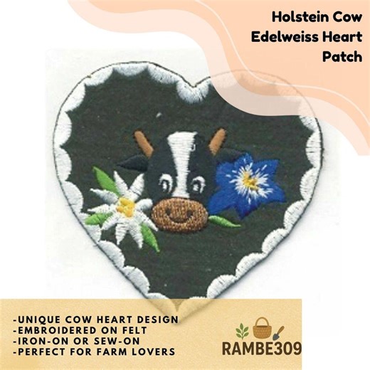Holstein Cow Edelweiss Heart Patch 3" Embroidered Iron-on Sew-on Applique - Etsy