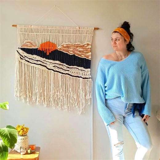 Large Beach Macrame Wall Hanging: Coastal Sunset Woven Wall Art, Modern Navy Blue & Brown Fiber Art Tapestry - Etsy