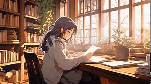 Lofi girl studying in a cozy library with a steaming cup of tea, 2D Japanese anime-style LoFi animation