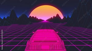 Retro-futuristic 80s style sci-Fi car background. Seamless loop 3D video animation