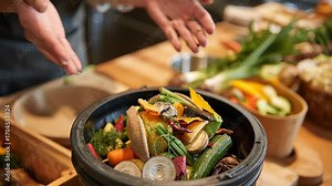 Placing Vegetable Scraps into Kitchen Compost Bin
