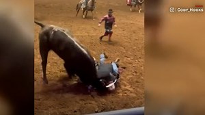 Heroic dad puts himself between his injured son and angry thrashing rodeo bull