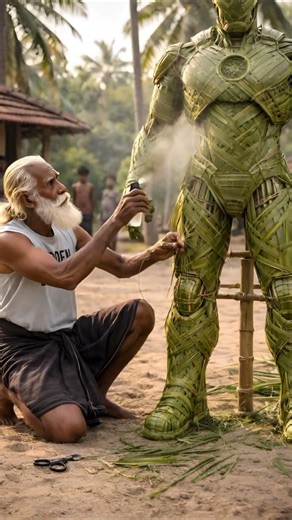 Village Master Weaves a Life-Size Iron Man From Palm Leaves 🤯 #ironmask