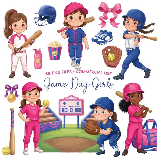 Girls Baseball Clipart, Game Day Sports Kids PNG, Softball Theme, Commercial Use - Etsy