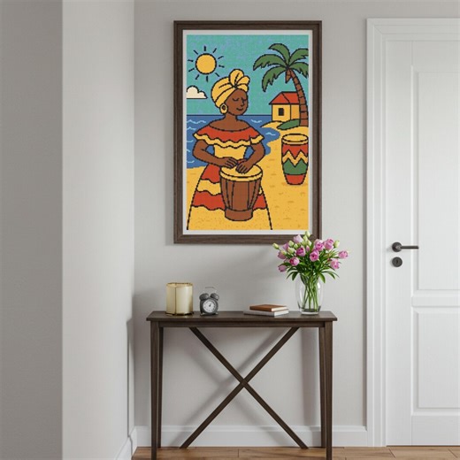 Tropical Drum Lady Cross Stitch Pattern PDF | African Woman Beach Embroidery 14ct 16ct 18ct Aida | Tropical Wall Art (PDF Download) - Etsy